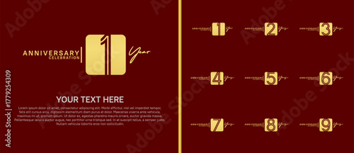 anniversary logo set with square. gold color on red background for celebration moment