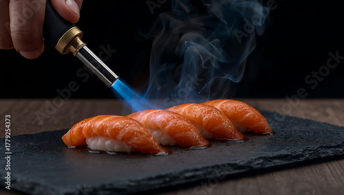 cinematic close-up of chef torching salmon nigiri sushi with blue flame on black slate board in dark background