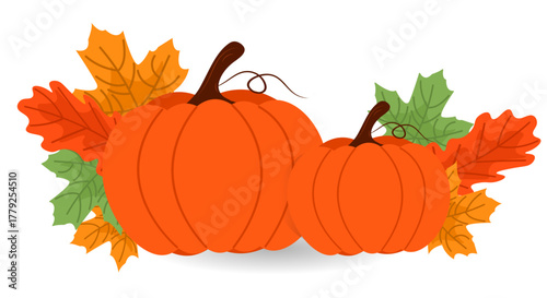 Autumn Pumpkins with Fall Leaves — Thanksgiving Harvest Vector Illustration