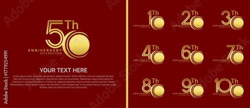 anniversary logo set with circle. gold color on red background for celebration moment