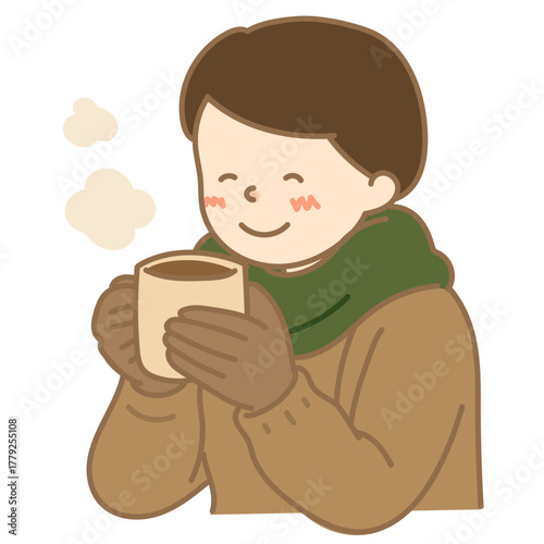 手袋をして飲み物を持つ男性のイラスト