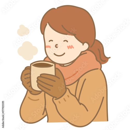 手袋をして飲み物を持つ女性のイラスト