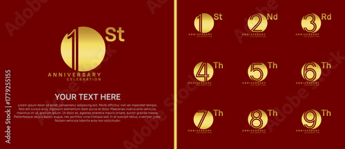 anniversary logo set with circle. gold color on red background for celebration moment