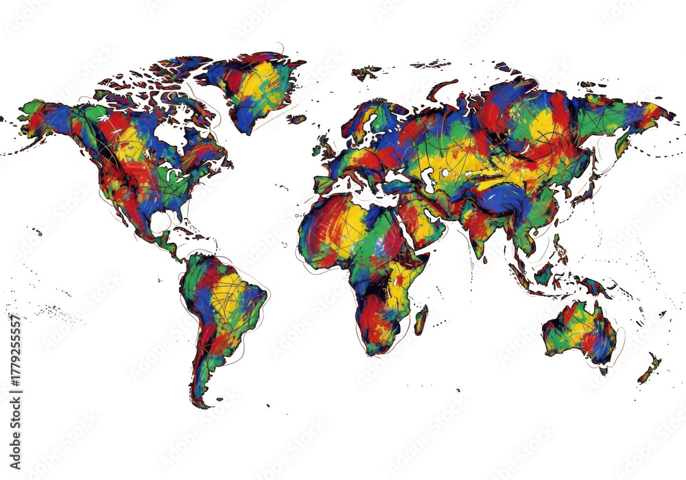 Fototapeta premium 3d colorful world map abstract paint splatter isolated on transparent background