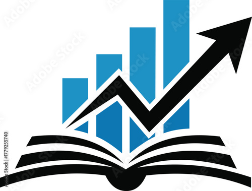 Business growth education logo icon open book upward bar chart arrow financial success vector