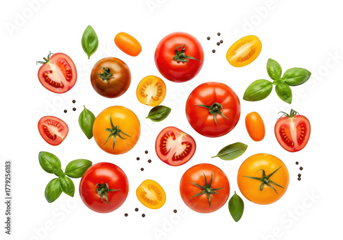 3d assortment of ripe tomatoes and basil leaves isolated on transparent background