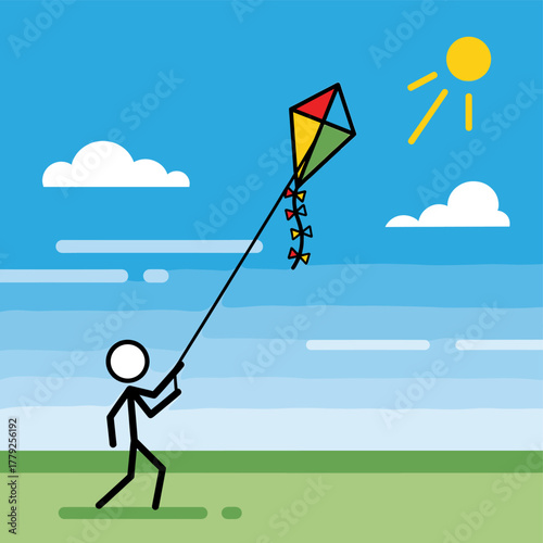 A stick figure flying a kite on a sunny day with clouds in a vibrant blue sky