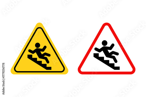 Slippery staircase caution sign. Stairs safety warning sign. Flat vector illustration design isolated