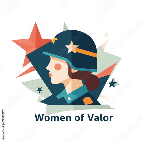 Woman in military uniform representing valor with stars in background , isolate