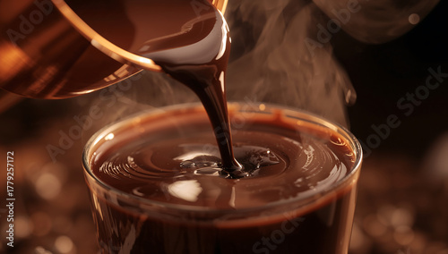molten chocolate pouring from copper pot into glass mold in cinematic slow-motion