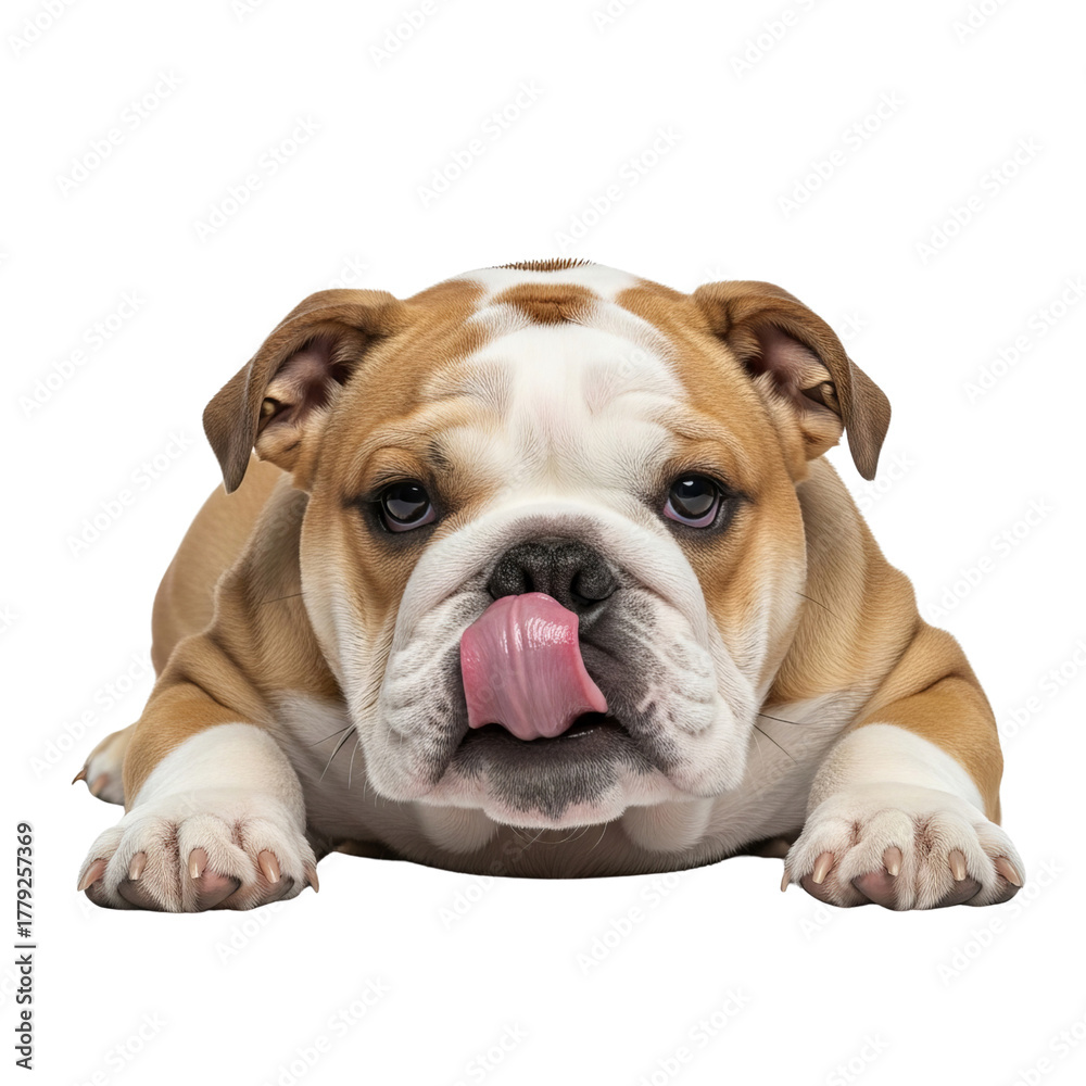 Obraz premium Cute English bulldog dog breed puppy with tongue sticking out, adorable pet of the dog species lying down on the floor, animal concept 29