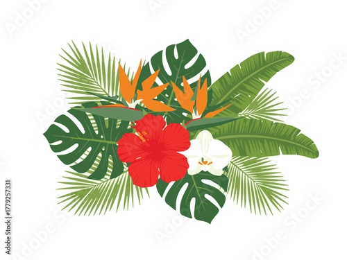 A lush and vibrant vector illustration of an exotic tropical floral composition.