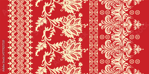 floral pattern vintage ethnic modern embroidery texture boho design vector illustration hand drawn pink flower motif branches leaves wallpaper seamless background border.	
