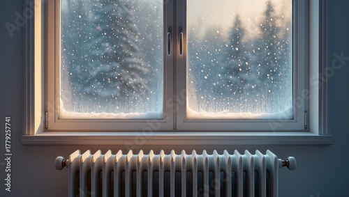 Close-up of a white radiator under a frosted window during a snowstorm, symbolizing efficient home heating and temperature control in cold weather