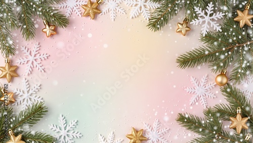 Fototapeta Naklejka Na Ścianę i Meble -  Light pastel Christmas background with spruce twigs, golden ornaments, and soft bokeh. Central space left clear for text or product display. Warm festive composition