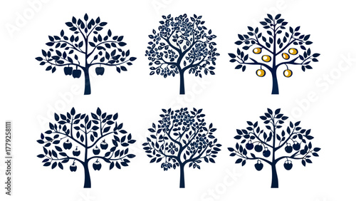 Orchard of Tranquility: A set of stylized illustrations showcasing the beauty and serenity of fruit-bearing trees, each a testament to nature's bounty.