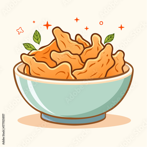 Crispy golden fried chicken pieces served in a light blue ceramic bowl garnished with fresh green leaves and sparkling orange highlights a delightful presentation of savory food