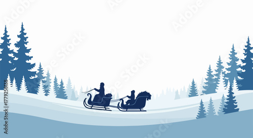 Christmas sleigh ride silhouette amidst winter landscape, featuring silhouettes of people riding Christmas sleigh.