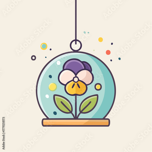 A stylized pansy flower in a glass orb with colorful dots against a light background