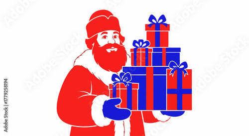 Santa Claus holds Christmas gifts, Christmas gifts and Christmas presents stacked high. Santa holding festive Christmas gifts represents holiday cheer, generosity and giving season spirit.