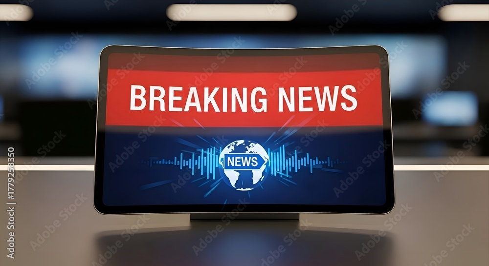 Fototapeta premium A centered screen device projecting “Breaking News”
