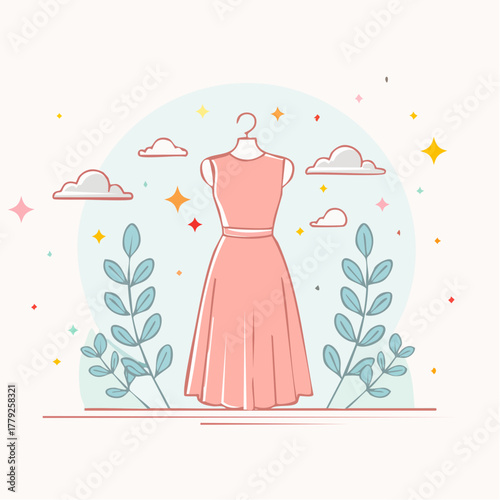 Elegant Coral Pink Sleeveless Midi Dress on Mannequin Surrounded by Stylized Greenery and Starbursts Against a Soft Blue and White Background