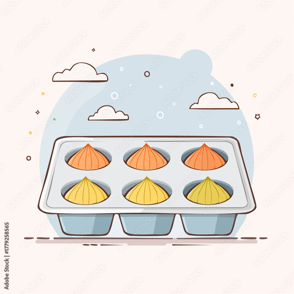 Naklejka premium Six colorful cupcakes in a grey baking tray with clouds in a light blue sky background