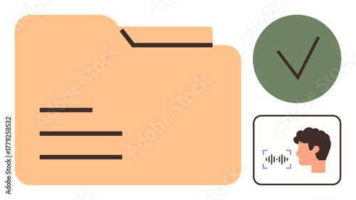 Folder icon, green checkmark, voice profile. Ideal for security, authentication, data storage, technology, file organization privacy accessibility. Simple flat metaphor