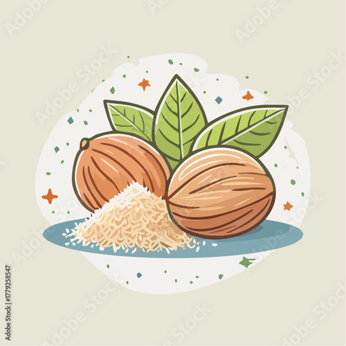 Close-up Pixel Art Illustration of Two Whole Walnuts and a Pile of Grated Walnut Pieces with Green Leaves Against a Light Neutral Background Decorated with Colorful Confetti