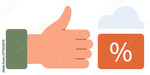 Hand giving thumbs up gesture next to percentage icon inside cloud. Ideal for approval, rating, success, online feedback, reviews, discounts, satisfaction. Clean simple flat metaphor