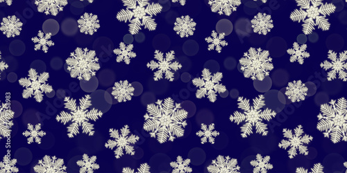 Seamless repeating Christmas pattern of glowing snowflakes on a blue background with lights. Suitable for wallpaper, backdrops, textiles, packaging, and paper. Vector illustration.