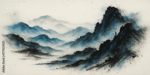 Abstract grunge landscape of snowy mountain peak with clouds and sun in the blue sky