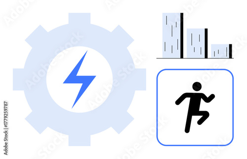 Gear with lightning bolt, bar graph, and running figure representing energy, growth, and action. Ideal for productivity, fitness, efficiency, performance data analytics progress and teamwork