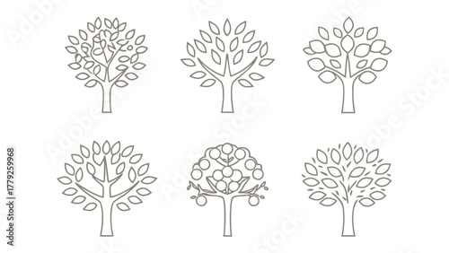 Diverse Tree Icons: A set of six unique tree icons showcasing various designs, patterns, and representations of arboreal life.