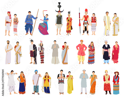 Couple of indian people wearing traditional attire vector illustration.