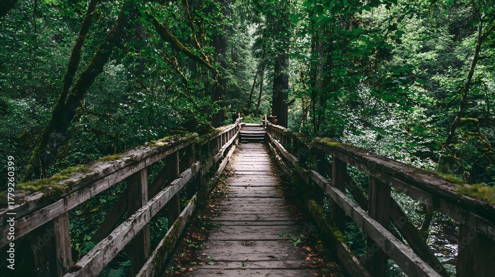 Obraz premium Wooden walkway traverses dense, verdant wilderness surrounded by towering trees