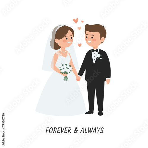 Bride and groom holding hands with pink hearts floating above them on a black background with text forever and always overlayed