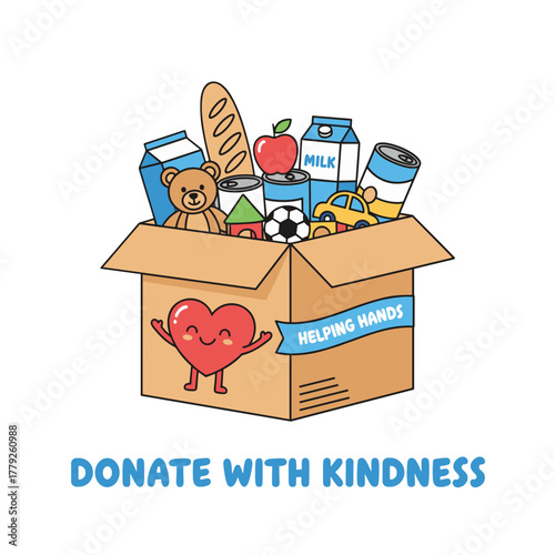 Cardboard Donation Box Filled With Groceries Toys And Essentials With A Smiling Heart Character On White Background