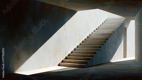 A minimalist interior with a staircase and light shining from above, creating an interplay of shadow and light. The concrete structure forms a sense of depth and perspective
