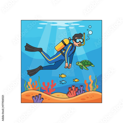 Cartoon Diver In Blue Suit And Yellow Tank Exploring Coral Reef With Sea Turtle And Fish Under Light Rays