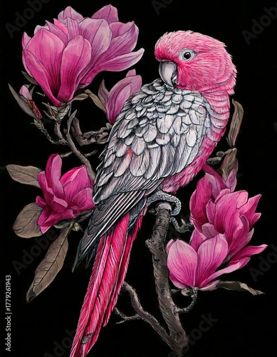 Vibrant Parrot on a Branch Surrounded by Striking Magenta Magnolia Flowers in an Artistic Illustration