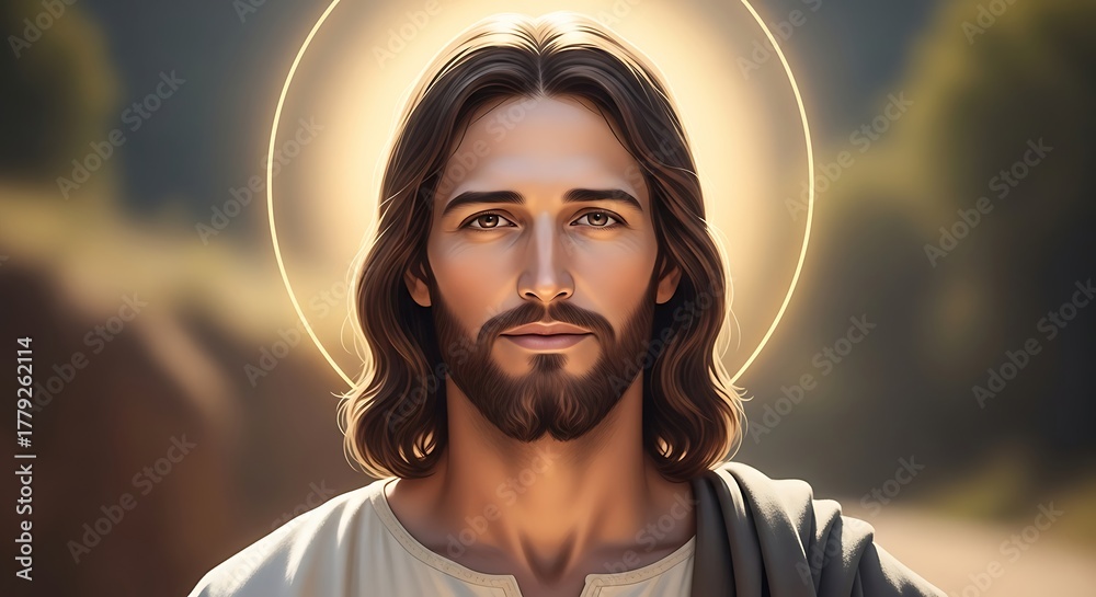 Fototapeta premium Portrait of Jesus Christ with a radiant halo conveying spirituality and faith