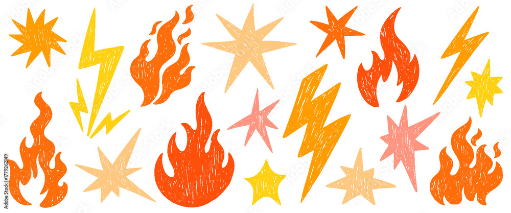 Crayon lightning, fire and star doodle shapes set. Hand drawn charcoal graffiti punk pencil simple scribble element. Flash lightning fire star pastel punk rock vector grange illustration
