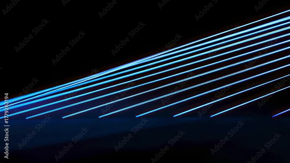 Luminous blue parallel lines cut diagonally across a black void casting a faint glow on a dark surface at the bottom