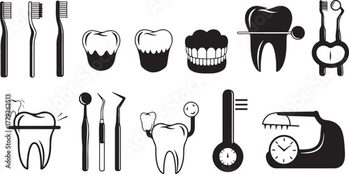 Dental Health Icons Collection Vector Illustration Black and White Concept