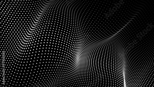 Dark abstract background with a wave of moving particles. 3D Vector illustration.