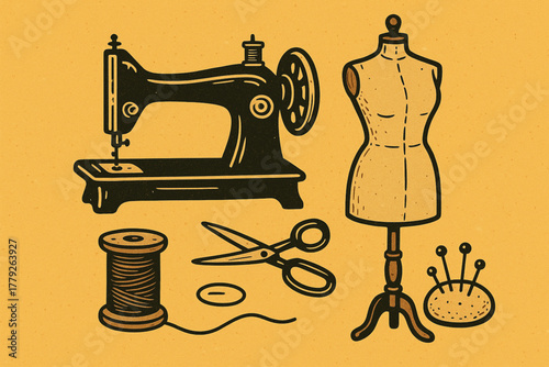 Vintage Tailor Equipment on Yellow Background – Retro Sewing Machine & Mannequin Cartoon
