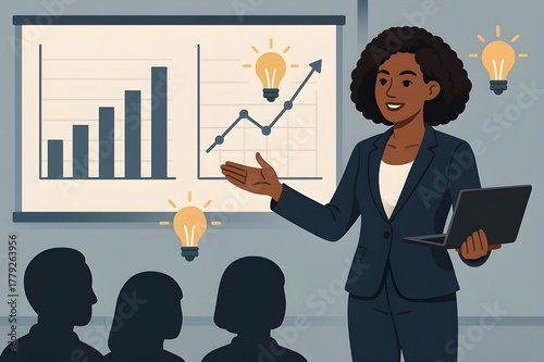 Innovative Presentation Scene – Female Founder with Floating Graphs & Lightbulb Icons