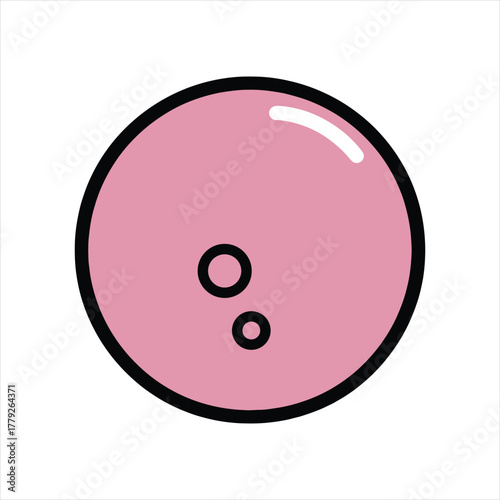 Pink bowling ball icon, two finger holes, shiny highlight, games isolated on white background