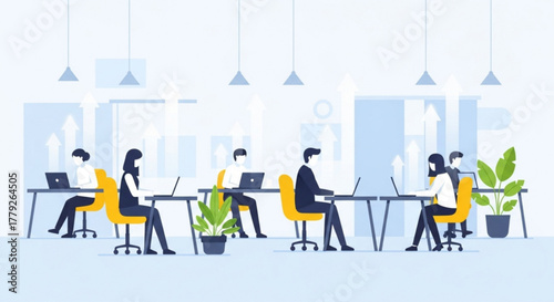 People working at desks in a modern office space with laptops and plants, representing a collaborative work environment.